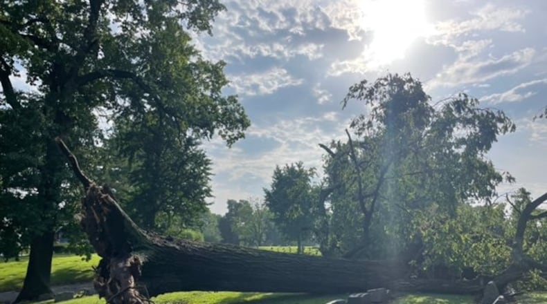 The historic section of the Greenwood Cemetery will remain closed until the fallen trees and limbs can be cleared. Winds of up to 70 miles per hour swept through southwest Ohio on Monday, June 13, which caused damage to countless trees, including those in the Hamilton cemetery. PROVIDED/FACEBOOK.COM