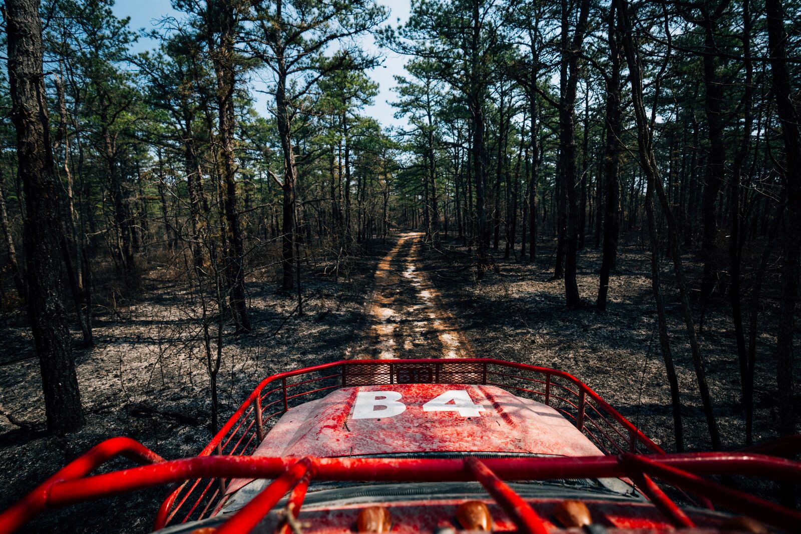 Firefighters battle a wildfire in Ocean County, N.J. on Thursday, April 24, 2025. (New Jersey Department of Environmental Protection via AP)