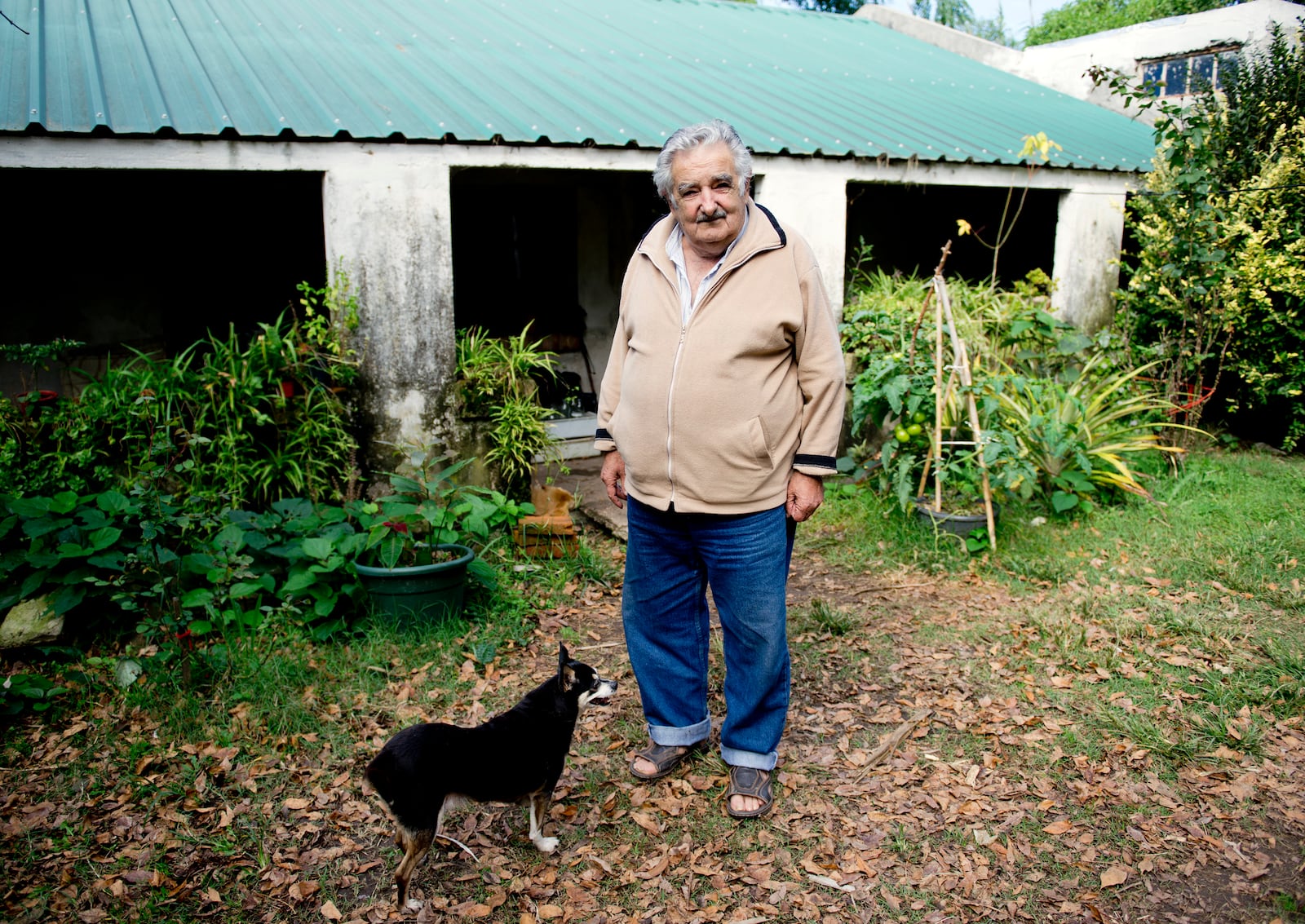 FILE - Uruguay's President Jose Mujica poses for a photo with his dog, Manuela, at his home on the outskirts of Montevideo, Uruguay, May 2, 2014. (AP Photo/Matilde Campodonico, File)