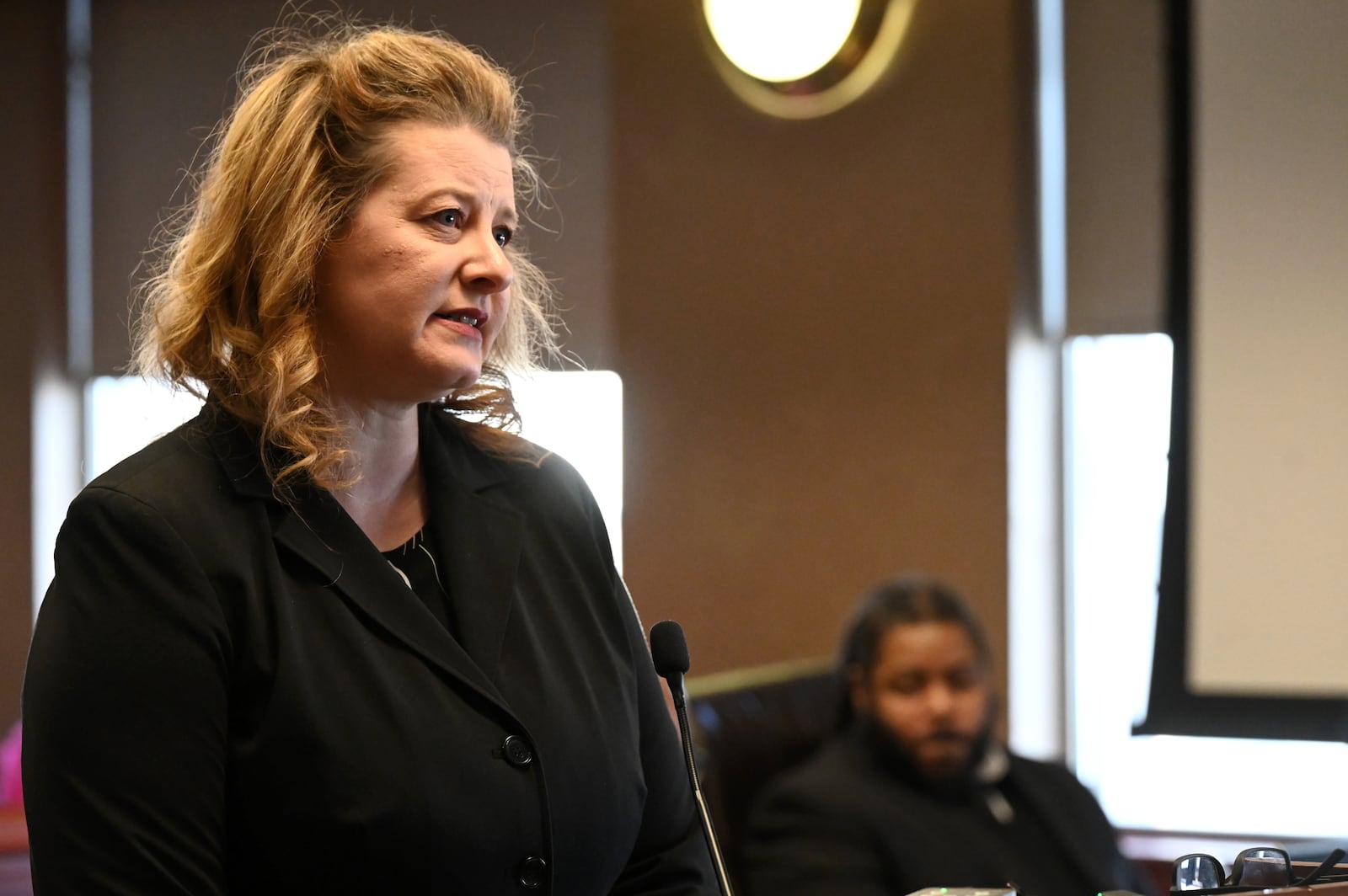 Anthony Brown, 35, was sentenced to 26 years to life in the double 2022 shooting that killed Adam Black and wounded Eric Ruff. He pleaded guilty in September to counts, including murder with a gun specification. Pictured is Assistant Persecutor Katherine Pridemore in the courtroom of Butler County Common Pleas Judge Dan Haughey on Monday, Dec. 15, 2025, during Brown's sentencing hearing. MICHAEL D. PITMAN/STAFF