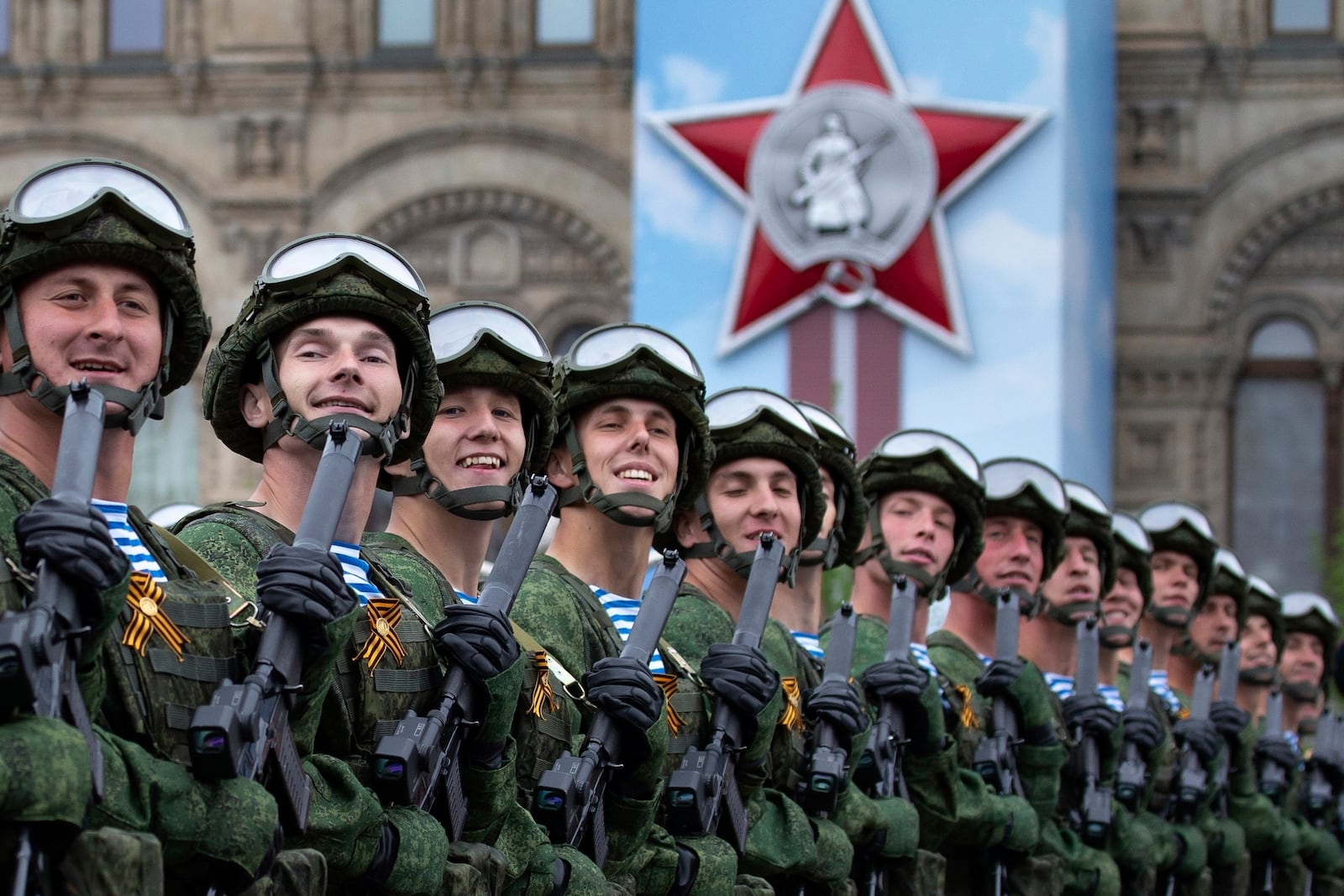 FILE - Russian troops march during the Victory Day parade celebrating the end of World War II in Red Square in Moscow on May 9, 2019. (AP Photo/Alexander Zemlianichenko, File)