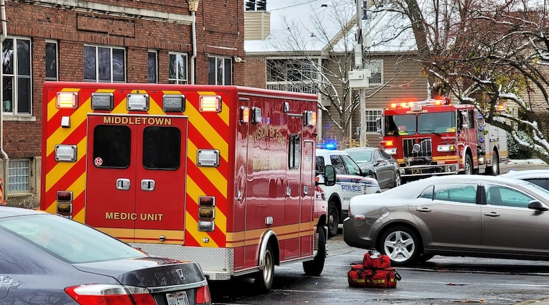 Middletown police and medics were called to the Trinity Place apartments in downtown Middletown about noon on Tuesday, Dec. 1, 2020, for a reported gunshot victim. Police are continuing its investigation. NICK GRAHAM/STAFF