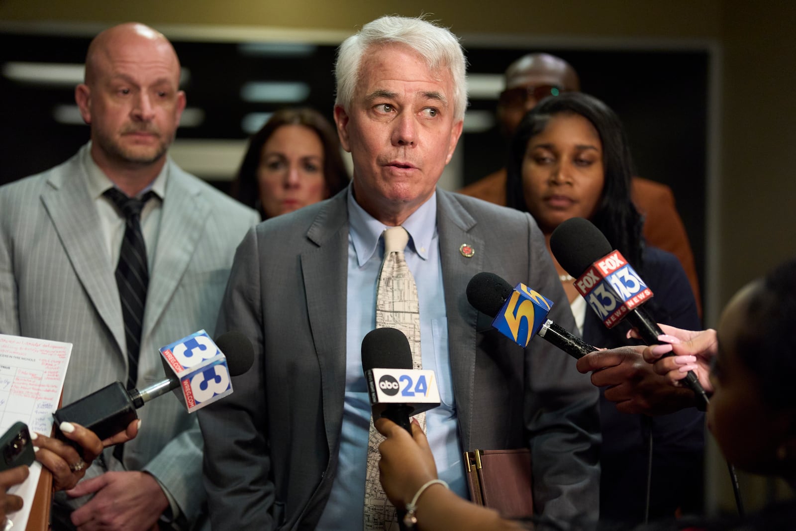 Shelby County District Attorney Steve Mulroy speaks to the media after the trial of three former Memphis police officers, Tadarrius Bean, Demetrius Haley and Justin Smith, who were found not guilty in the 2023 fatal beating of Tyre Nichols, Wednesday, May 7, 2025, in Memphis, Tenn. (AP Photo/George Walker IV)