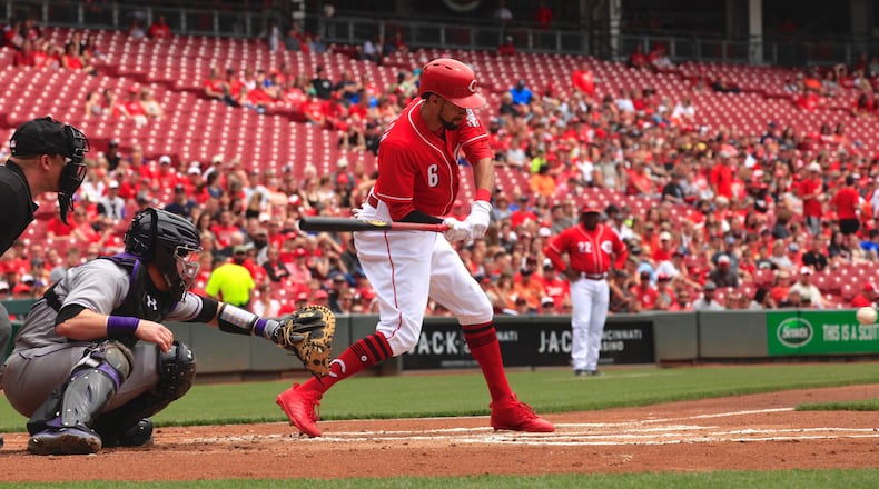The Reds’ Billy Hamilton swings against the Rockies on Sunday, May 21, 2017, at Great American Ball Park in Cincinnati. David Jablonski/Staff