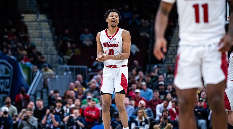 Miami's Eian Elmer celebrates during Friday night's MAC Tournament semifinal win over Kent State. Miami Athletics photo