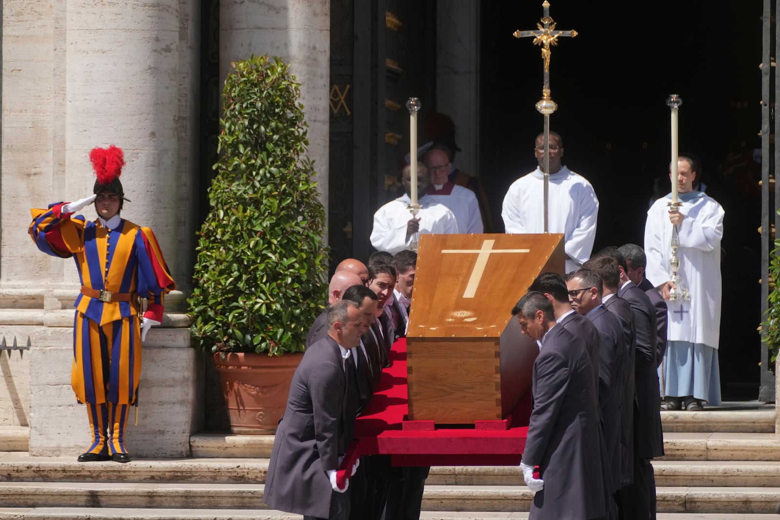 The coffin of Pope Francis arrives at St. Mary Major Basilica in Rome Saturday, April 26, 2025. (AP Photo/Francisco Seco)