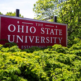 FILE - This May 8, 2019, file photo, shows a sign for Ohio State University in Columbus, Ohio. (AP Photo/Angie Wang, File)