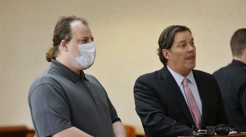 Jonathan Palmerton and attorney Ken Crehan in Butler County Common Pleas Court for a pretrial hearing Thursday, April 20. Palmerton is charged with perjury in connection to the Katelyn Markham death investigation. NICK GRAHAM/STAFF
