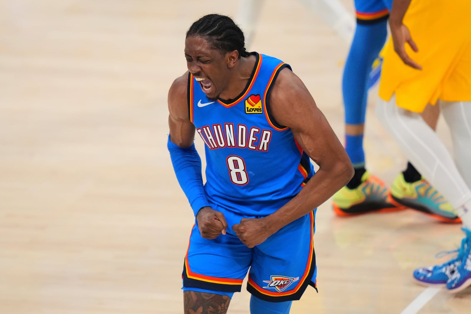 Oklahoma City Thunder forward Jalen Williams reacts during the second half of Game 7 of the NBA Finals basketball series against the Indiana Pacers Sunday, June 22, 2025, in Oklahoma City. (AP Photo/Nate Billings)