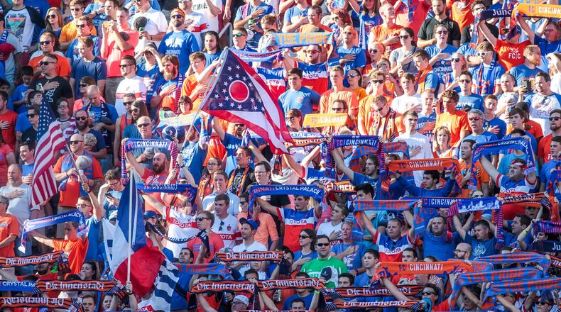 Fans cheer on the FC Cincinnati team as they play English Premier League team Crystal Palace in a friendly match Saturday, July 16 at Nippert Stadium in Cincinnati. NICK GRAHAM
