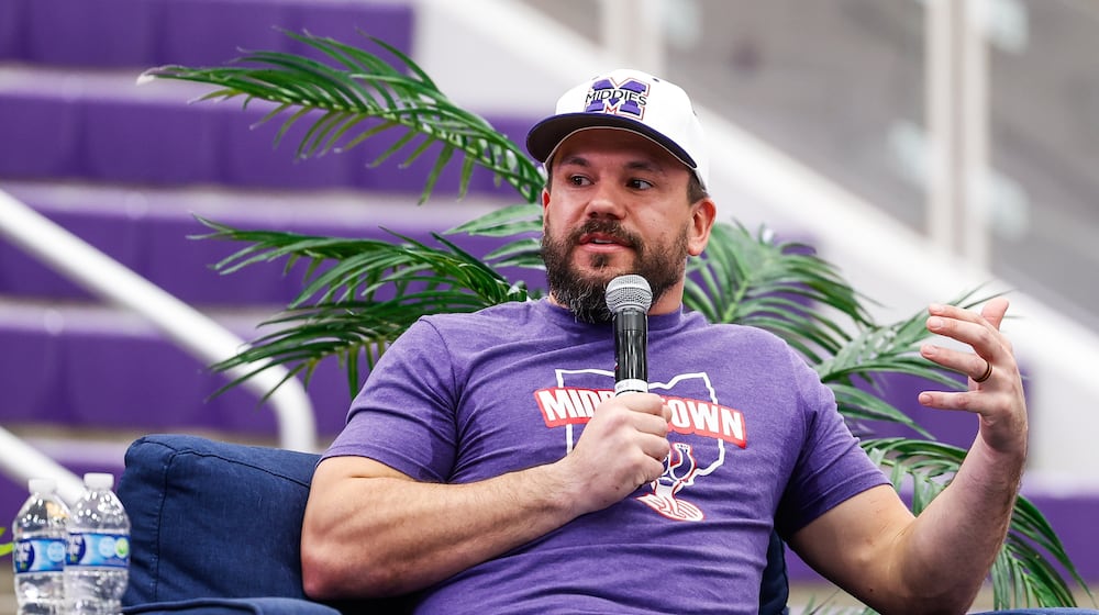 Middletown native and Major League Baseball player Kyle Schwarber returned to Middletown High School for an event at Wade E. Miller Arena Wednesday, Nov. 19, 2025. The “Beyond the Field with Kyle Schwarber” night gave a crowd of baseball fans a chance to hear Schwarber talk about baseball, family and giving back to the community during the event. NICK GRAHAM/STAFF