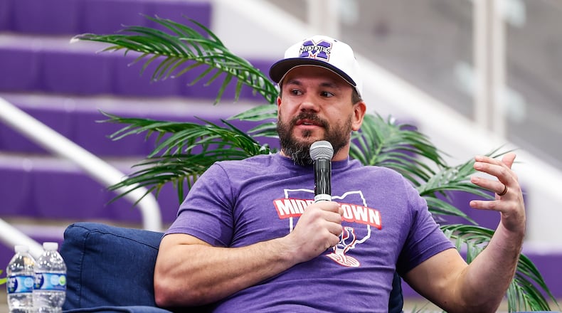Middletown native and Major League Baseball player Kyle Schwarber returned to Middletown High School for an event at Wade E. Miller Arena Wednesday, Nov. 19, 2025. The “Beyond the Field with Kyle Schwarber” night gave a crowd of baseball fans a chance to hear Schwarber talk about baseball, family and giving back to the community during the event. NICK GRAHAM/STAFF