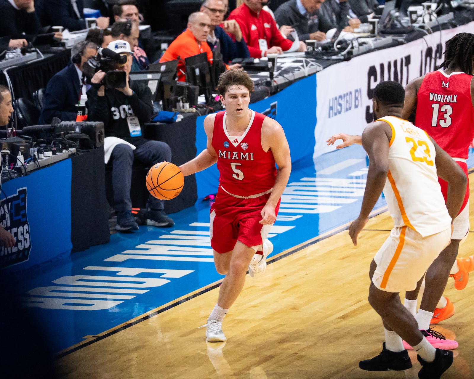 Miami's Peter Suder dribbles the ball up court during his NCAA Tournament game against Tennessee on Friday, March 20, 2026, at Xfiniti Mobile Arena in Philadelphia. NOAH MAURER / CONTRIBUTED