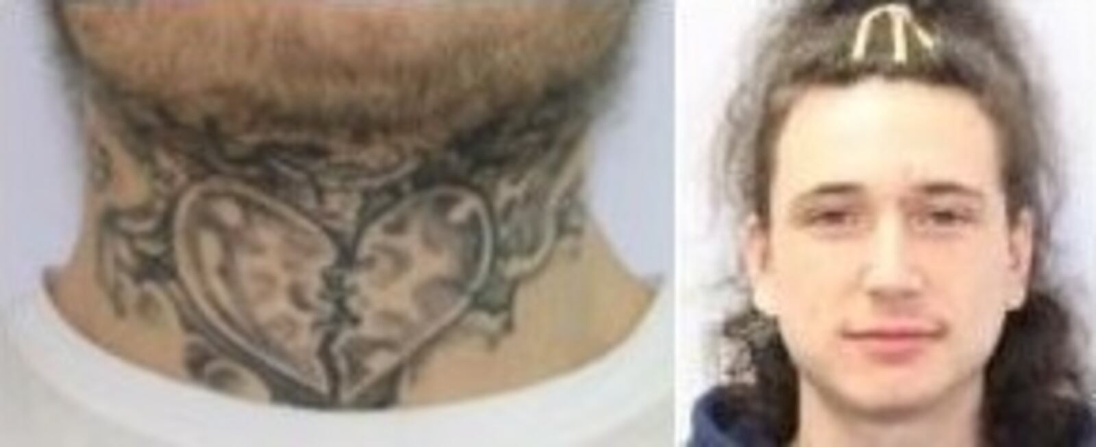 At left is a closer look of the tattoo on the neck of armed robbery suspect Corey Hilliard Bates, 20, of a broken heart that is stitched together. At right is Thomas Walters, 23, who West Chester Twp. police said is known to be traveling with Bates.