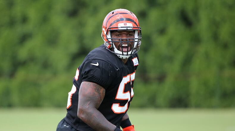 Cincinnati Bengals outside linebacker Vontaze Burfict (55) calls out a play during Cincinnati Bengals training camp practice, Thursday, Aug. 3, 2017, on the practice fields next to Paul Brown Stadium in Cincinnati. (Via OlyDrop)