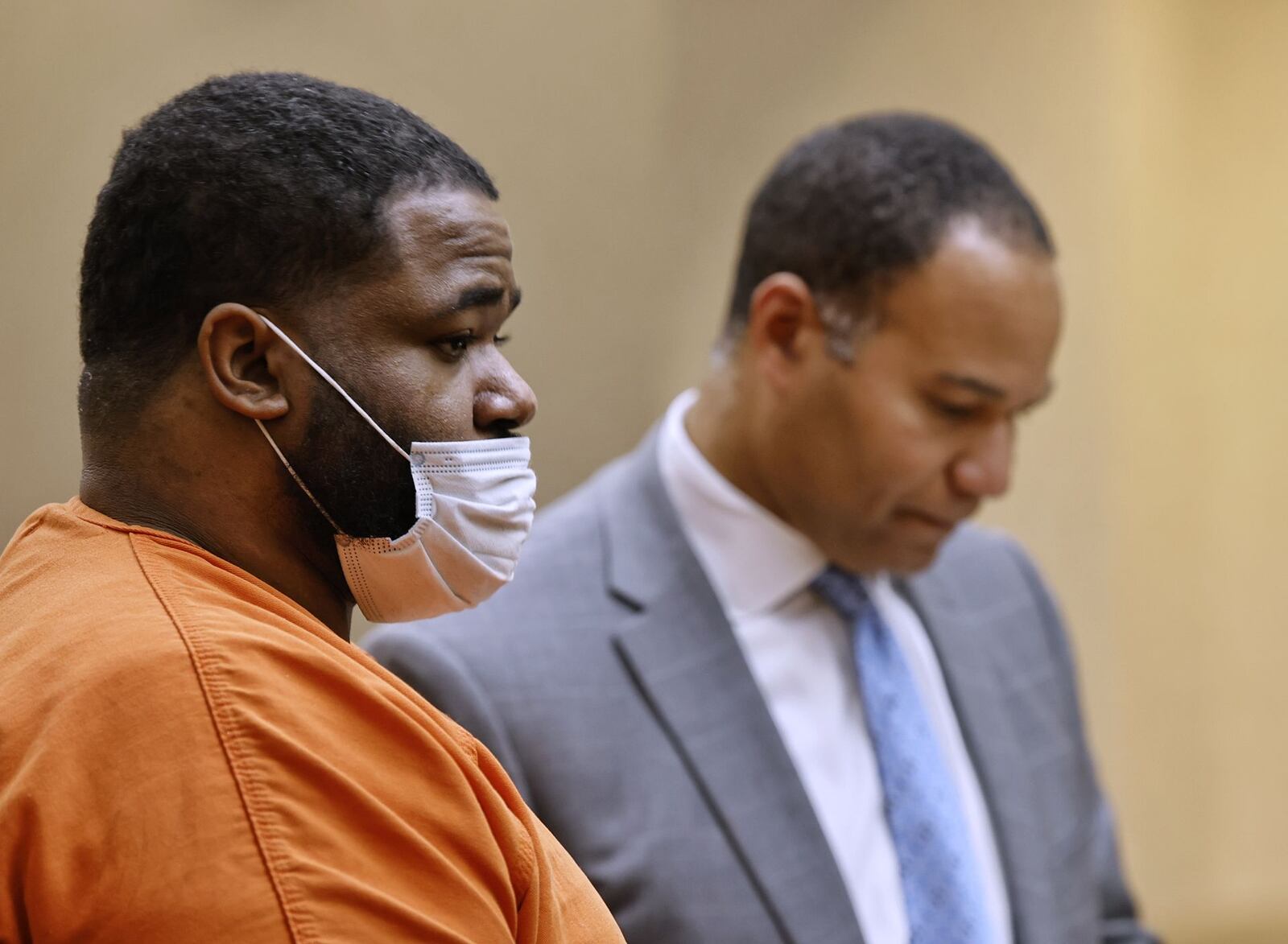 Mychel King, with attorney Lawrence Hawkins III, was sentenced to life in prison with opportunity for parole after 28 years in Butler County Common Pleas Court Thursday, Sept. 23, 2021 in Hamilton. King was found guilty in the 2016 death of Jaylon Knight. NICK GRAHAM / STAFF
