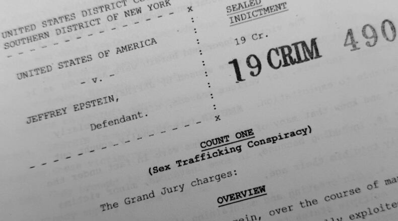 A document that was included in the U.S. Department of Justice release of the Jeffrey Epstein files, photographed Tuesday, Feb. 3, 2026, shows the sealed grand jury indictment from 2019. (AP Photo/Jon Elswick)