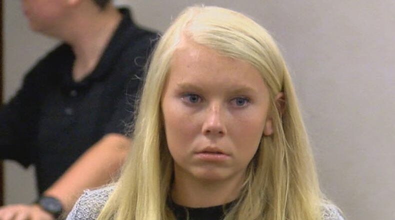 Brooke Skylar Richardson makes her first court appearance in Franklin Municipal Court in Franklin, Ohio on Friday, July 21, 2017. Richardson is charged with reckless homicide in a baby’s death. Warren County Prosecutor David Fornshell said Friday that the charge was based upon evidence that the infant was “born alive and was not a stillborn baby.” The remains were found July 14 near a home in Carlisle, about 40 miles (64 kilometers) north of Cincinnati. (FOX19 NOW/Michael Buckingham via AP)
