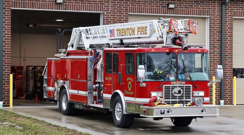 A fire engine is seen Friday outside the Trenton Fire Department. The TFD chief says it needs additional funding to hire its first full-time employees as the department manages staffing shortages and increased call volumes, and urged council to put an additional fire levy on the ballot this November. NICK GRAHAM/STAFF