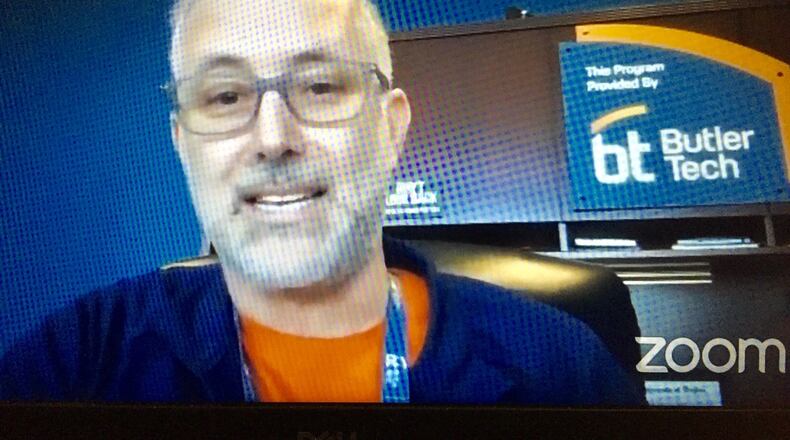 Butler Tech Superintendent Jon Graft, pictured during an online presentation, participated in a nationally viewed career education seminar Thursday highlighting his career school system's recent record of high-profile innovations in preparing high school teens for careers, college, military service  or going directly into the workface. Butler Tech is one of the largest career school systems in Ohio and has been heralded by state and national politicians for its modernization of career education. (Photo by Michael D. Clark\Journal-News)