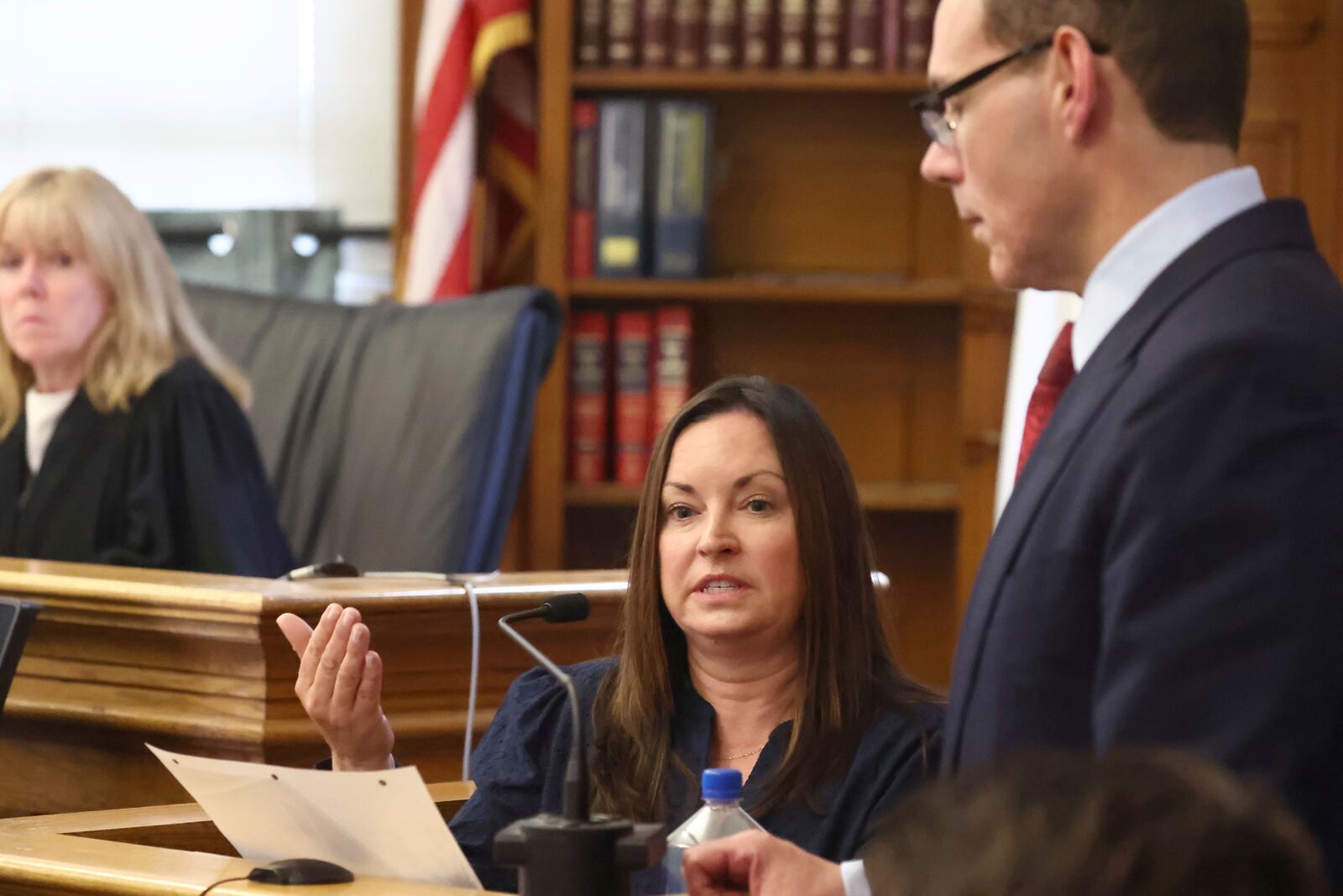 Kerry Roberts, who was with Karen Read when the body of Read's police officer boyfriend John O’Keefe was discovered is questioned by Special Prosecutor Hank Brennan at Read's second murder trial on Tuesday, April 22, 2025, in Dedham, Mass. (Stuart Cahill/The Boston Herald via AP, Pool)
