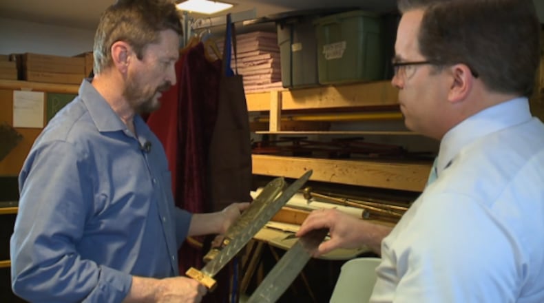 Ron Hendershot, president of the St. John Passion Play, left, speaks to WCPO's Craig McKee about the meaning of the play that's been going on since 1018. WCPO/CONTRIBUTED