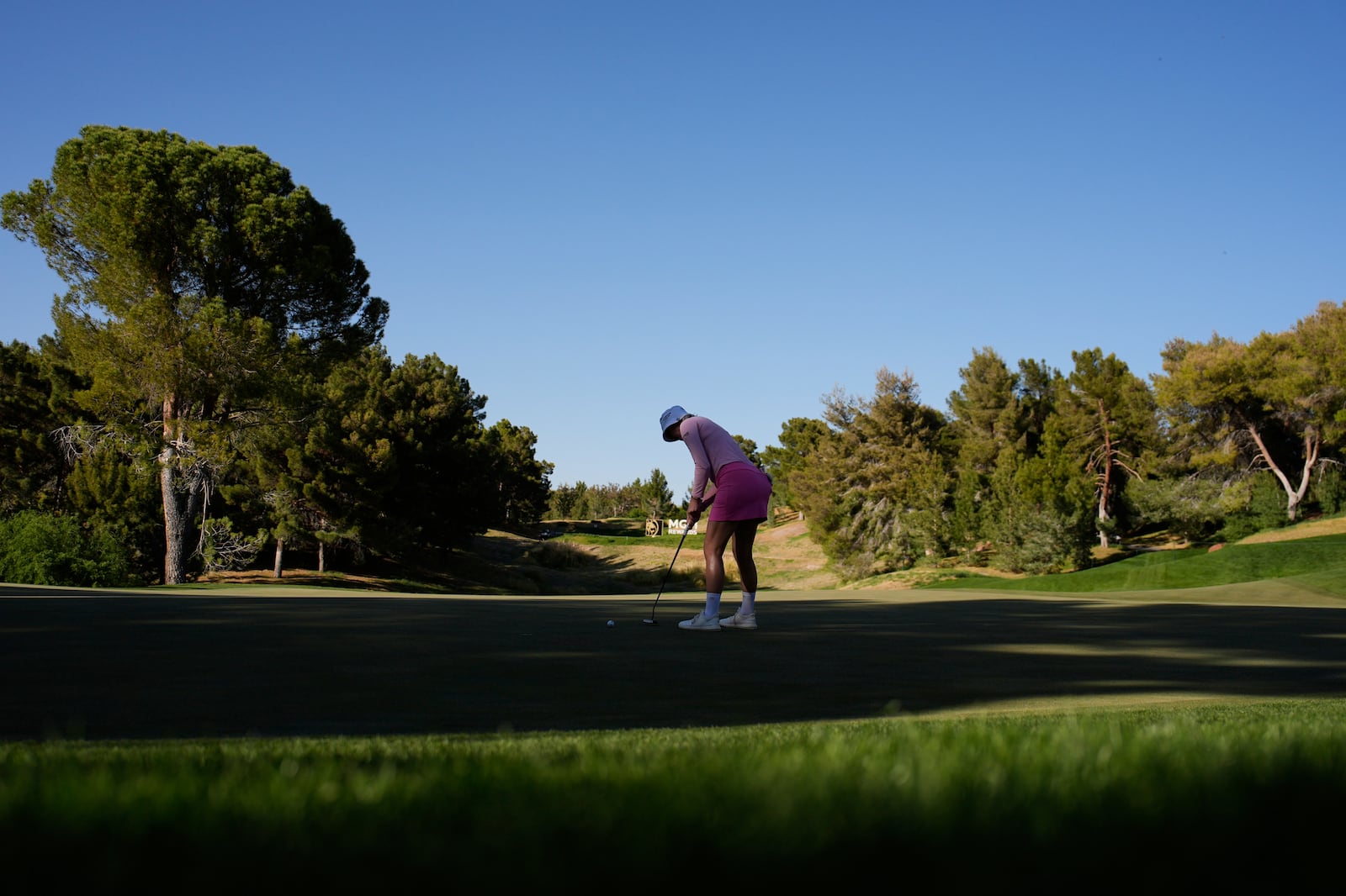 Madelene Sagstrom putts on the 13th green during the final round of the LPGA T-Mobile Match Play golf tournament Sunday, April 6, 2025, in North Las Vegas, Nev. (AP Photo/John Locher)