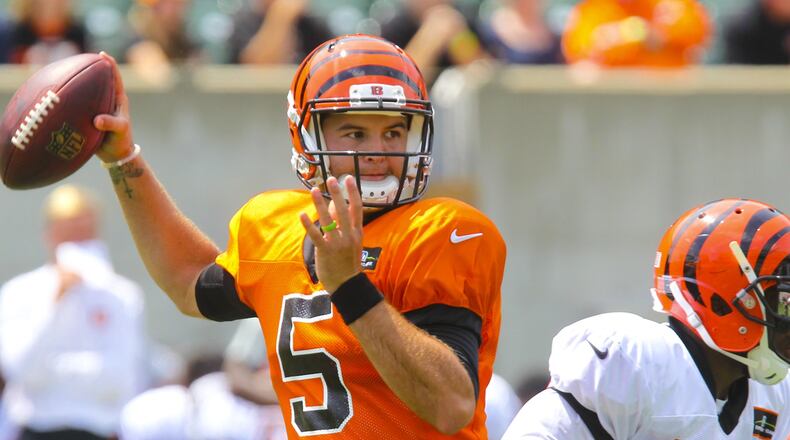 Cincinnati Bengals quarterback AJ McCarron (5) drops back for a pass during their mock game at Paul Brown Stadium, Saturday, Aug. 8, 2015. GREG LYNCH / STAFF