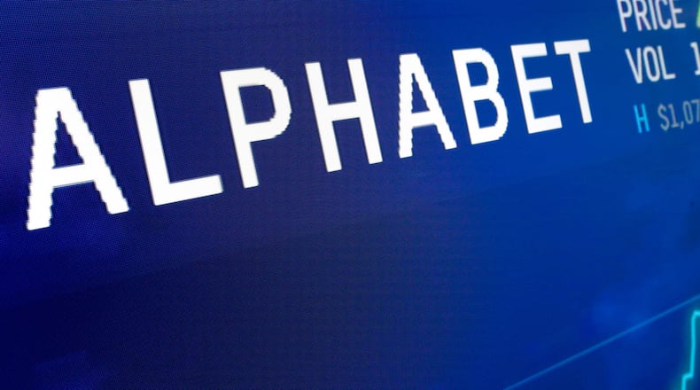 FILE - The logo for Alphabet appears on a screen at the Nasdaq MarketSite in New York, Feb. 14, 2018. (AP Photo/Richard Drew, File)