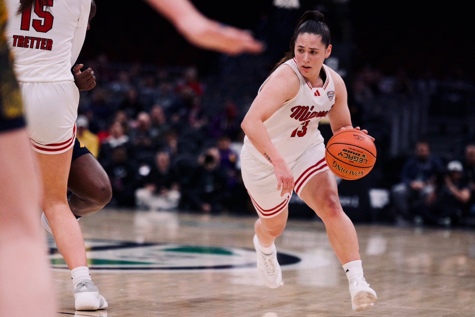 Miami's Tamar Singer drives the lane during her Mid-American Conference championship game against Toledo on Saturday, March 14, 2026, at Rocket Arena in Cleveland. JORDAN PHILLIPS / CONTRIBUTED
