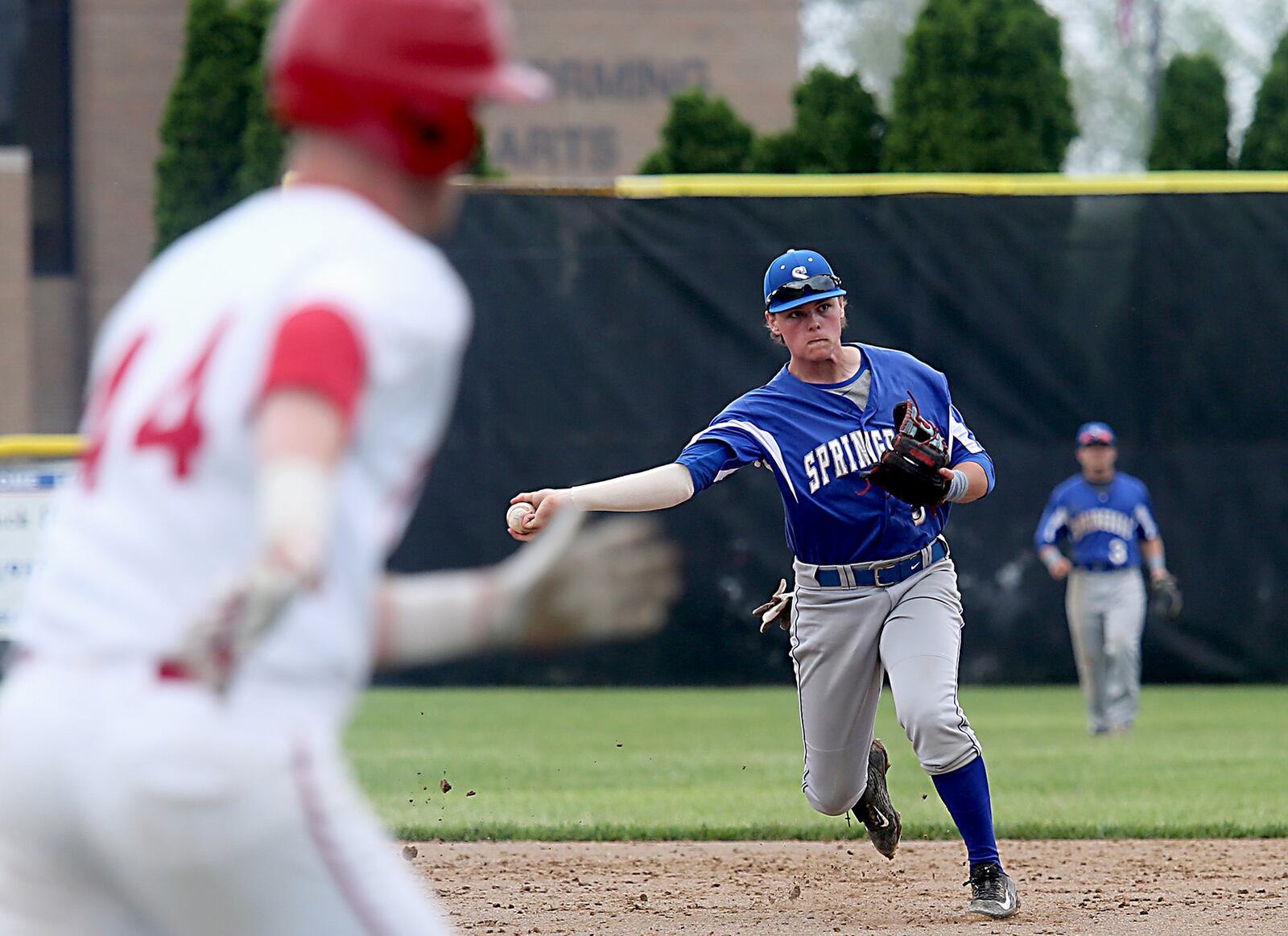 Springboro second baseman Ethan Brickner makes the play on Lakota West’s Dominic Schivone during their Division I district final at Centerville on Saturday. CONTRIBUTED PHOTO BY E.L. HUBBARD