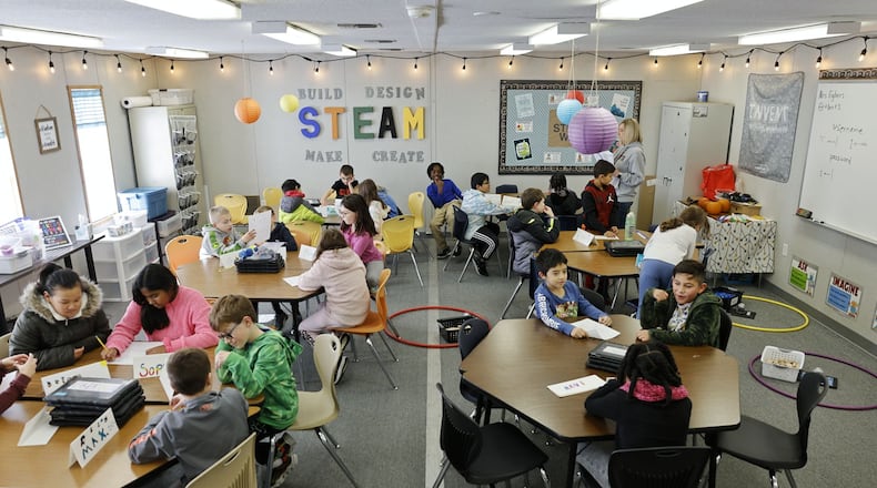 Lakota students are seen in a portable classroom building at Lakota's Cherokee Elementary School in Liberty Twp. in 2022. FILE PHOTO