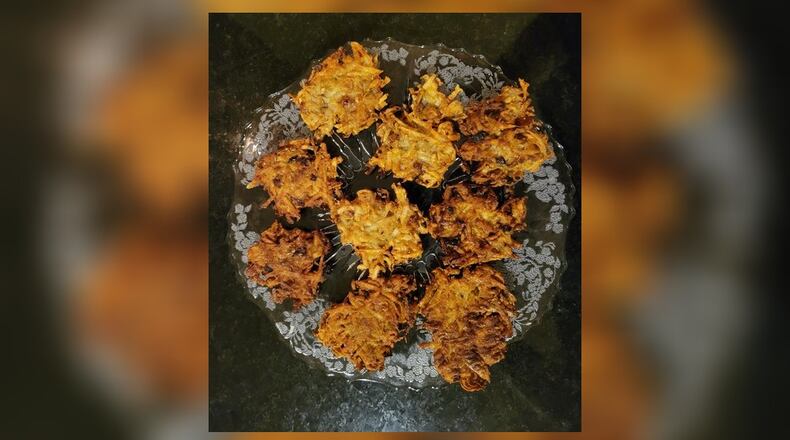 Potato latkes need to be fried. To make latkes, grate 1 pound of potatoes and 1 small onion. If you are using good quality local potatoes, you don’t need to peel them. CONTRIBUTED
