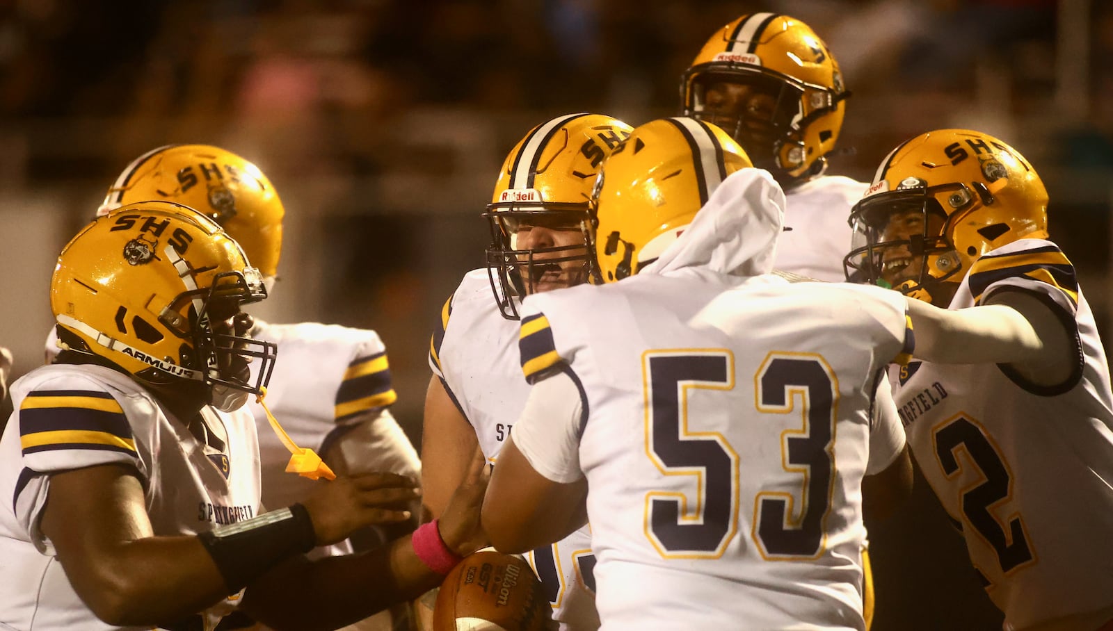 Springfield celebrates a touchdown catch by Preston Allen against Wayne on Friday, Oct. 3, 2025, at Heidkamp Stadium in Huber Heights. David Jablonski/Staff
