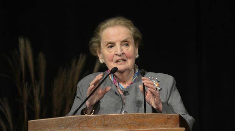 Former U.S. Secretary of State Madeleine Albright spoke to several hundred people on Monday evening inside Millett Hall on the campus of Miami University in Oxford. Her speech was a part of the Farmers School of Business Lecture Series. MICHAEL D. PITMAN/STAFF