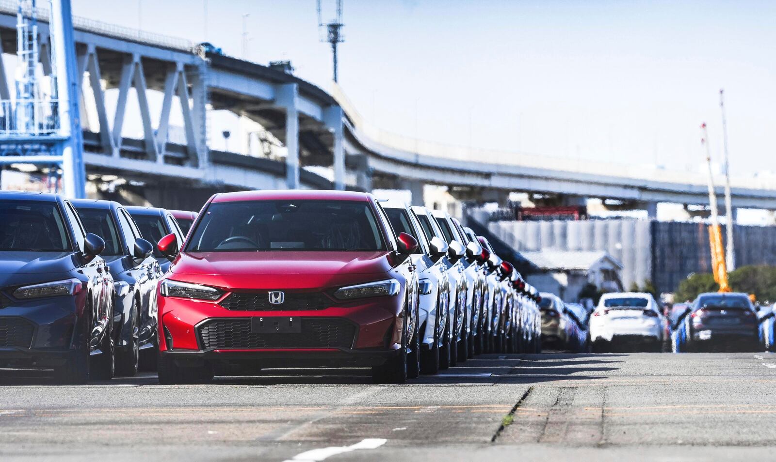 This photo shows vehicles bound for foreign countries at Daikoku Pier in Yokohama near Tokyo, March 7, 2025. (Motoshi Ogura/Kyodo News via AP)