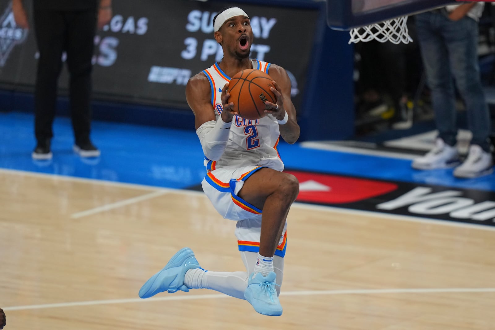 Oklahoma City Thunder guard Shai Gilgeous-Alexander (2) scores against the Indiana Pacers during the second half of Game 5 of the NBA Finals basketball series, Monday, June 16, 2025, in Oklahoma City. (AP Photo/Nate Billings)