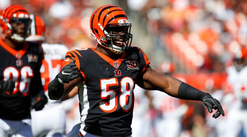 CLEVELAND, OH - OCTOBER 01: Carl Lawson #58 of the Cincinnati Bengals celebrates a play in the first half against the Cleveland Browns at FirstEnergy Stadium on October 1, 2017 in Cleveland, Ohio. (Photo by Justin Aller /Getty Images)