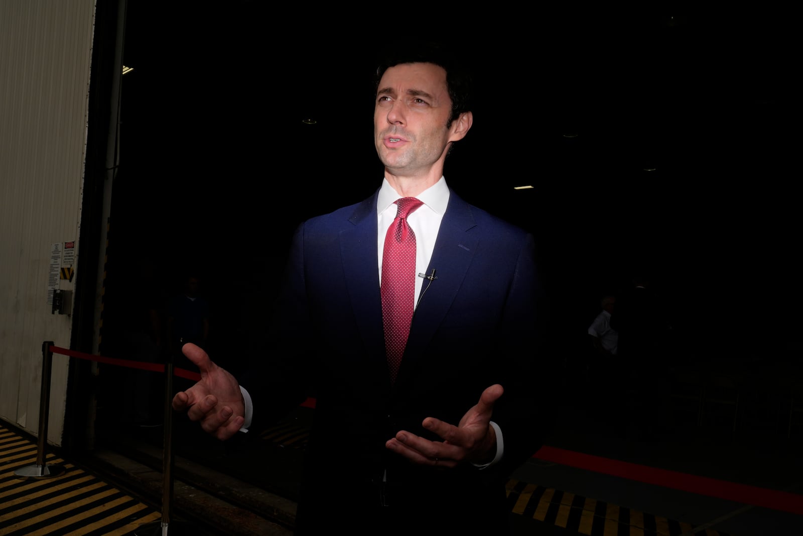 Sen. Jon Ossoff, D-Ga., speaks during an interview at Dobbins Air Reserve Base, Saturday, April 26, 2025, in Marietta, Ga. (AP Photo/Brynn Anderson)