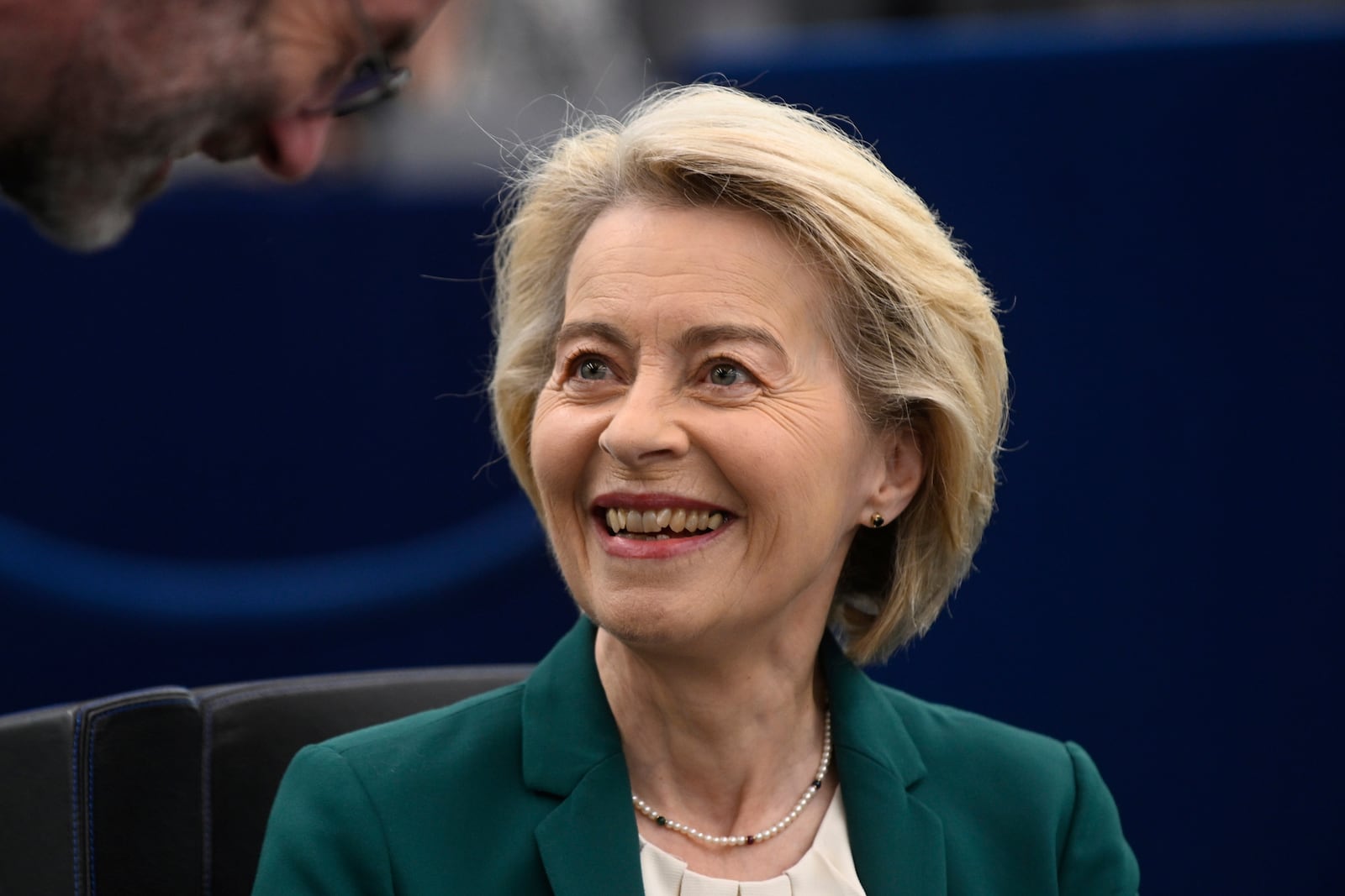 European Commission president Ursula von der Leyen smiles before delivering a speech on the preparation for the EU–China Summit, Tuesday, July 8, 2025 at the European Parliament in Strasbourg, eastern France. (AP Photo/Pascal Bastien)