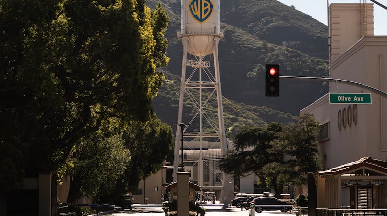 FILE - The Warner Bros. water tower is seen at Warner Bros. Studios in Burbank, Calif., Friday, Dec. 5, 2025. (AP Photo/Jae C. Hong, File)