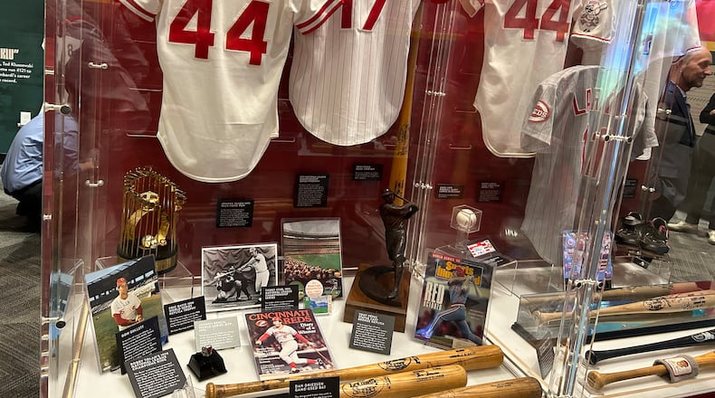 More than 150 artifacts are included in the new ‘Long Ball’ exhibit at the Reds Hall of Fame and Museum. RICK McCRABB/CONTRIBUTED