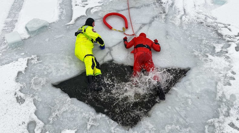 Middletown Division of Fire completes ice rescue training at Smith Park on Tuesday, Feb. 10, 2026. NICK GRAHAM/STAFF