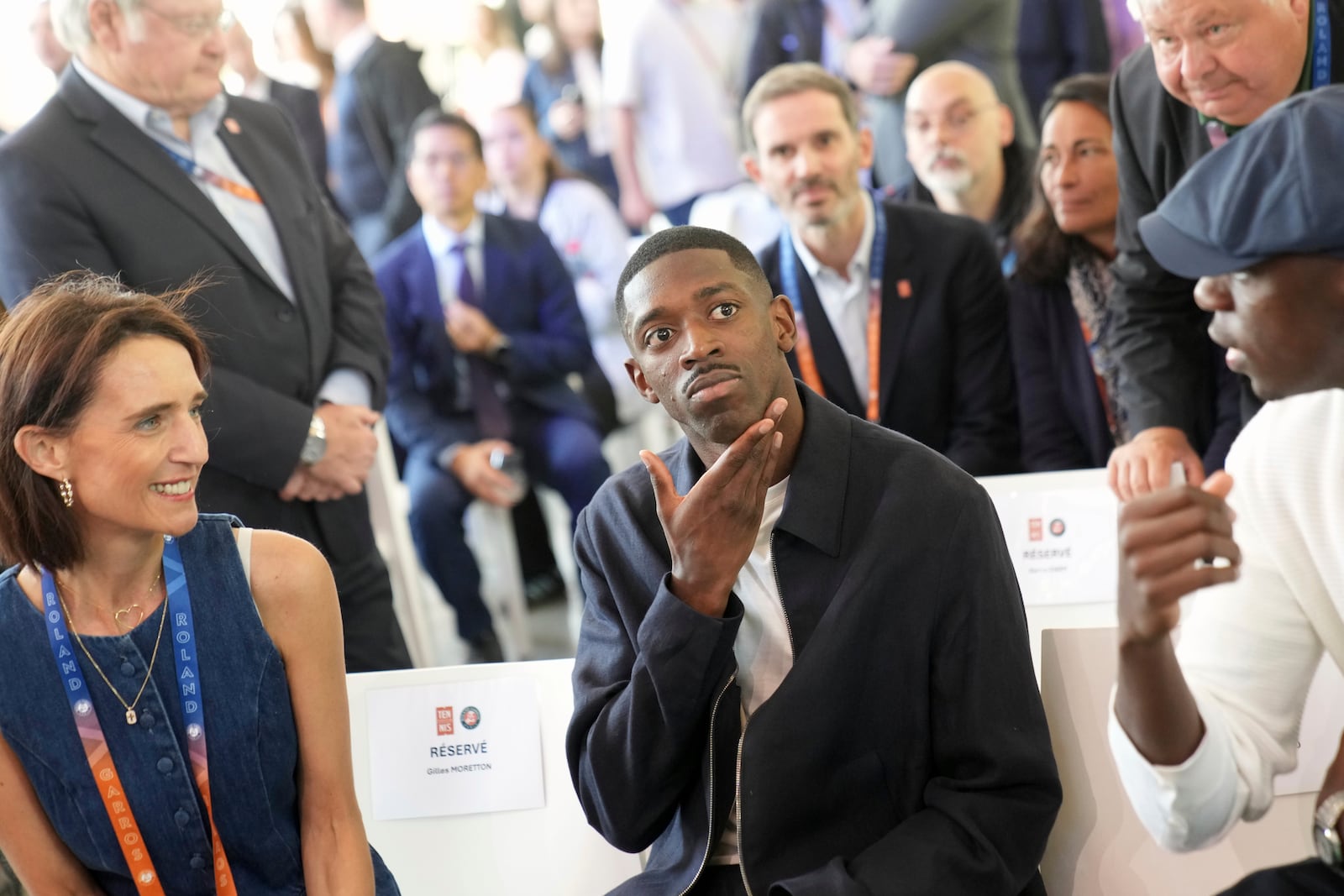 PSG soccer player Ousmane Dembele attends the draw of French Open tennis tournament, Thursday, May 22, 2025 at the Roland Garros stadium in Paris. (AP Photo/Christophe Ena)