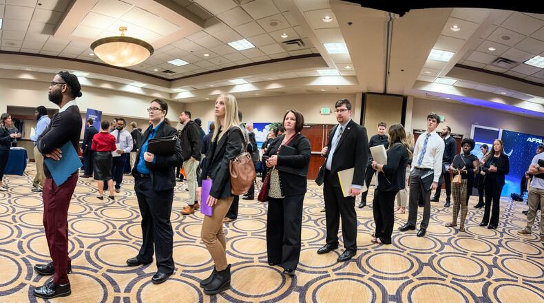 Long lines formed at the Air Force Research Lab hiring event held Tuesday October 8, 2024 at the Fairborn Holiday Inn. JIM NOELKER/STAFF