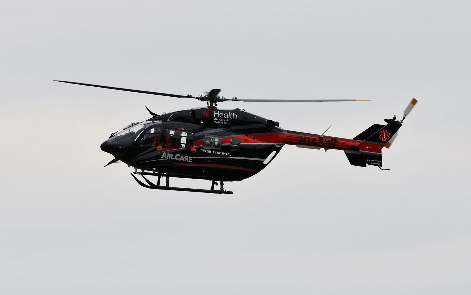 A UC Health Air Care helicopter took a Ross man for treatment after he was injured in a lawn mower accident Monday, May 23, 2022. NICK GRAHAM/STAFF