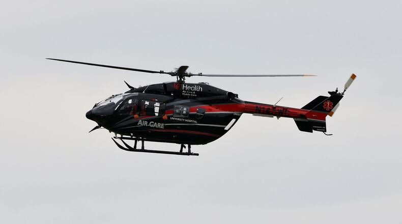 A UC Health Air Care helicopter took a Ross man for treatment after he was injured in a lawn mower accident Monday, May 23, 2022. NICK GRAHAM/STAFF