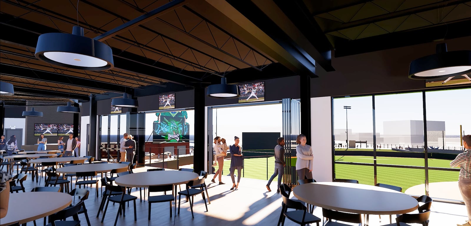 The Dayton Dragons on June 3, 2025 unveiled plans for their new Dragons Diamond Club Event Center, a first-of-its-kind event venue under construction on the third base side of Day Air Ballpark in downtown Dayton. Contributed rendering from Dayton Dragons