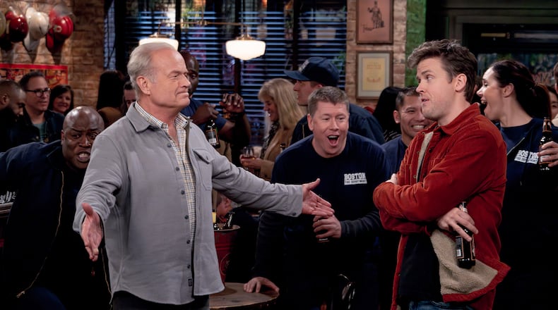 This image released by Paramount+ shows Kelsey Grammer as Frasier Crane, left, and Jack Cutmore-Scott as Freddy in a scene from "Frasier." (Chris Haston/Paramount+ via AP)