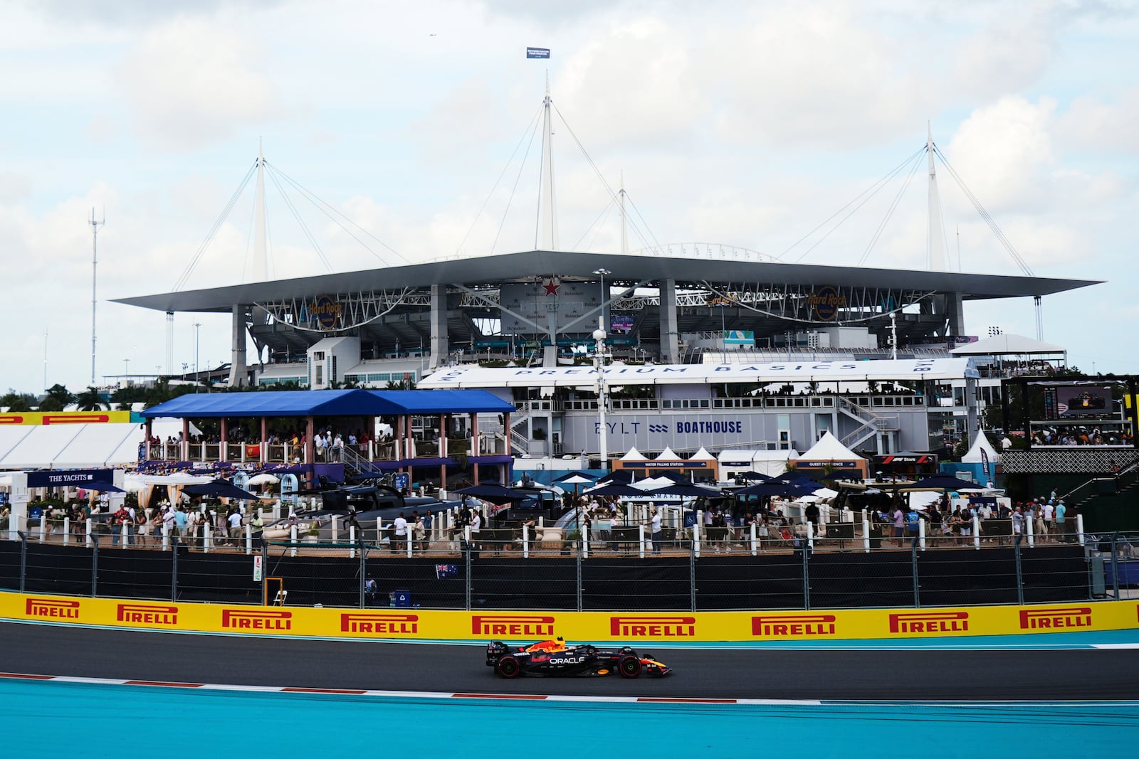 Red Bull driver Max Verstappen of the Netherlands steers his car during the qualifying session for the Formula One Miami Grand Prix auto race, Saturday, May 3, 2025, in Miami Gardens, Fla. (AP Photo/Rebecca Blackwell)